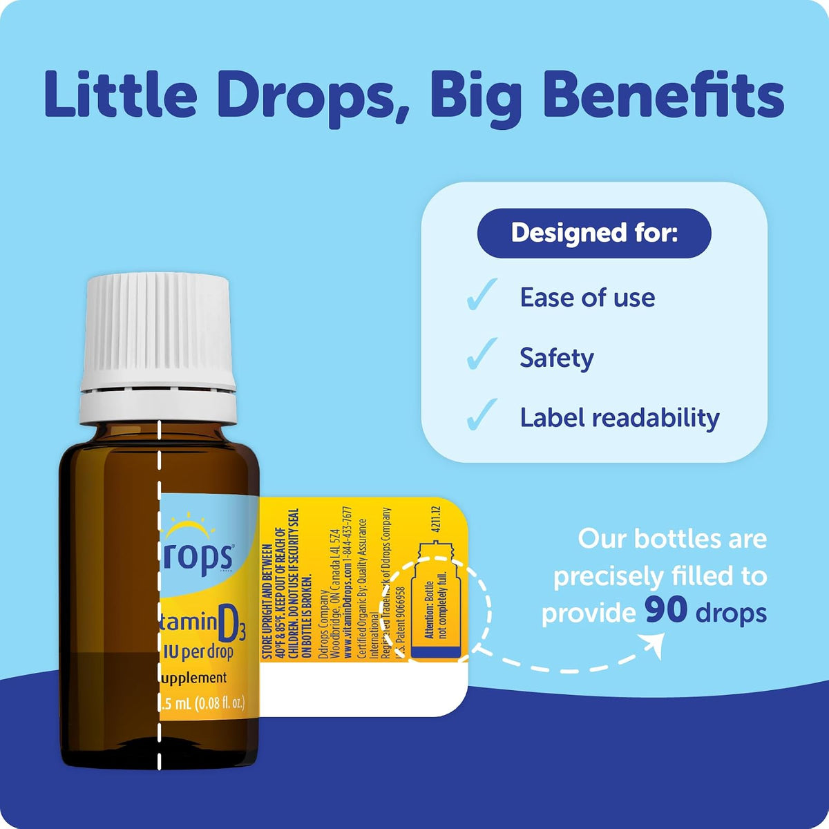 Ddrops Baby vitamine D3 bio en gouttes 400 UI, dès la naissance, 90 gouttes