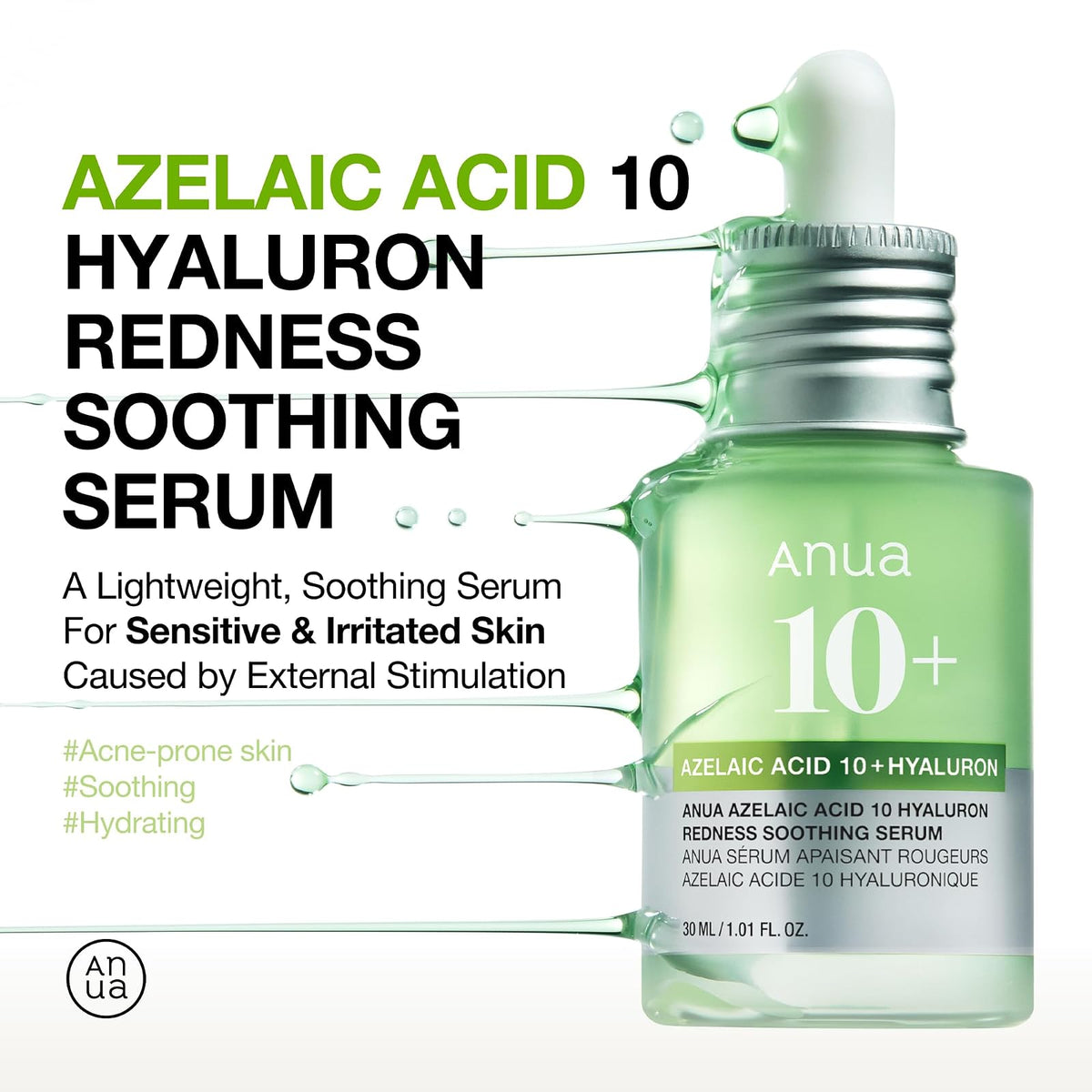 Anua Azelaic Acid 10 + Hyaluron sérum anti-rougeurs et taches, 30 ml