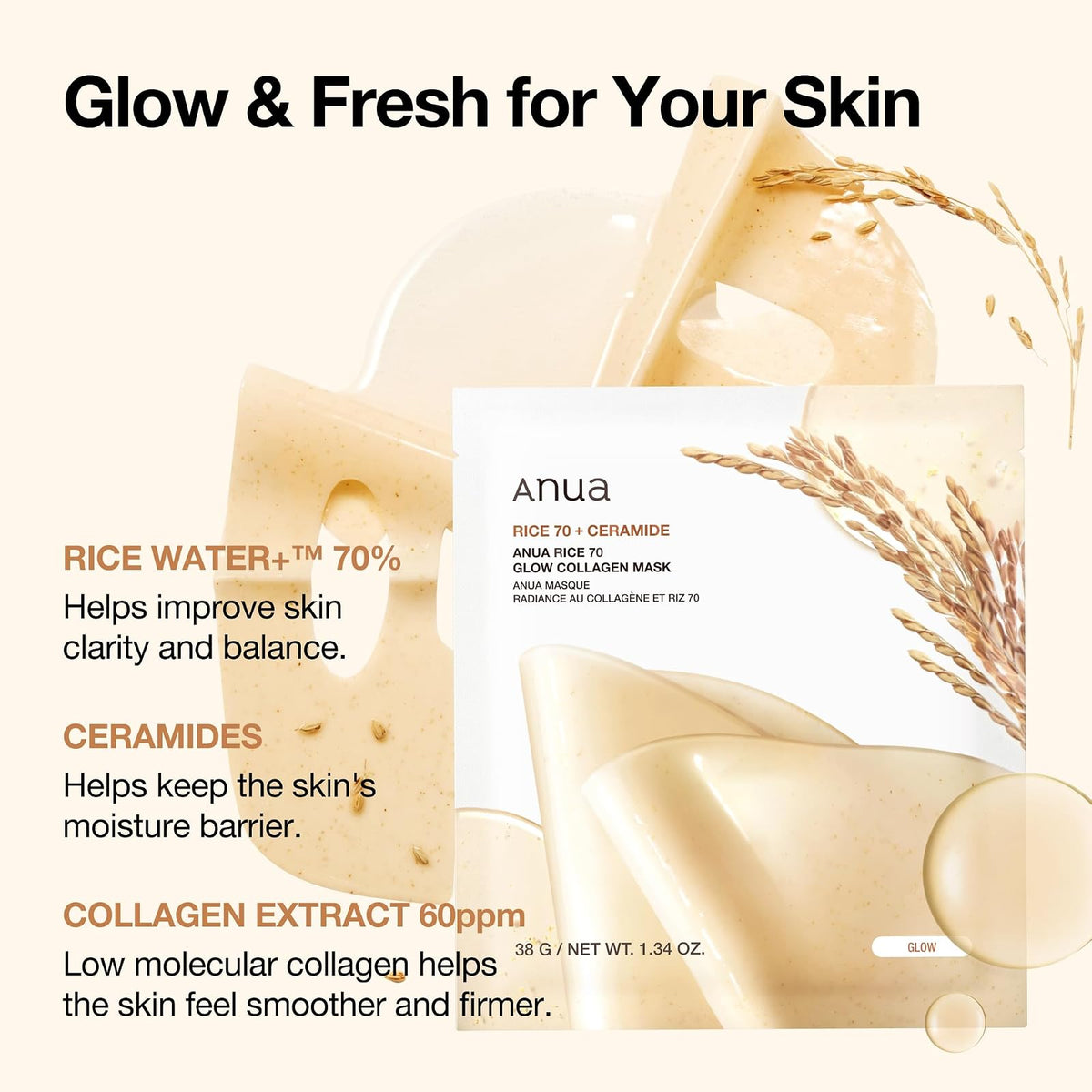 Anua Rice 70 Glow masque au collagène, 4 masques