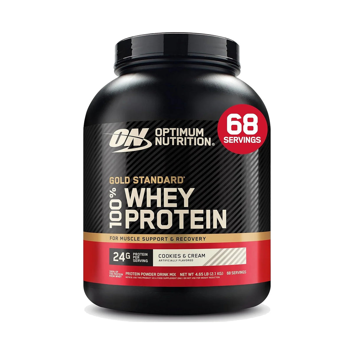 Optimum Nutrition Gold Standard 100% Whey – 4,65 lb (2,1 kg), Cookies & cream, photo du produit seul sur fond blanc