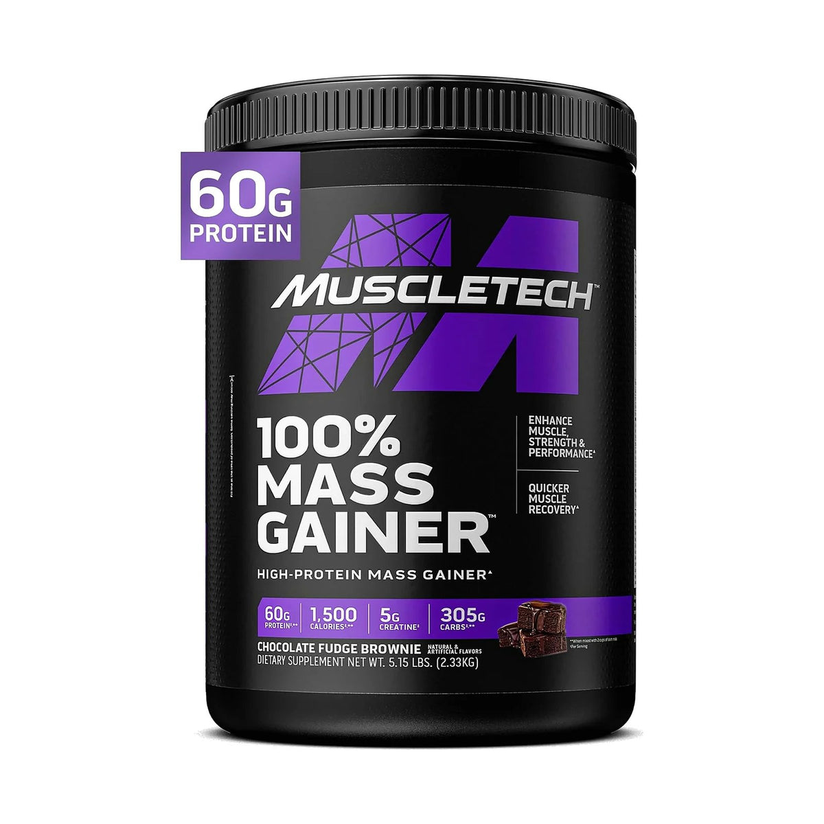 MuscleTech 100% Mass Gainer 5,15 lb – Fudge brownie, photo du produit seul sur fond blanc