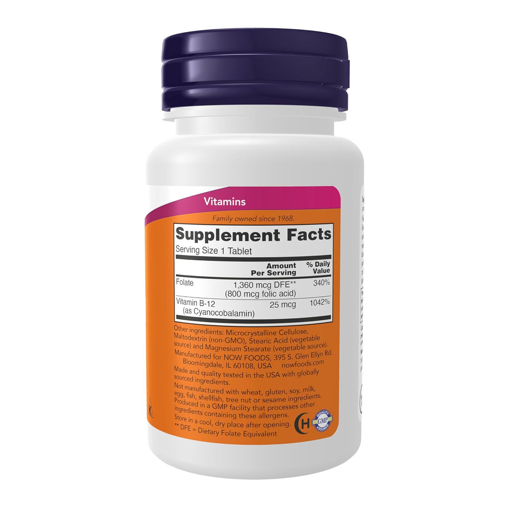 NOW Foods acide folique 800 mcg + B12, 250 comprimés