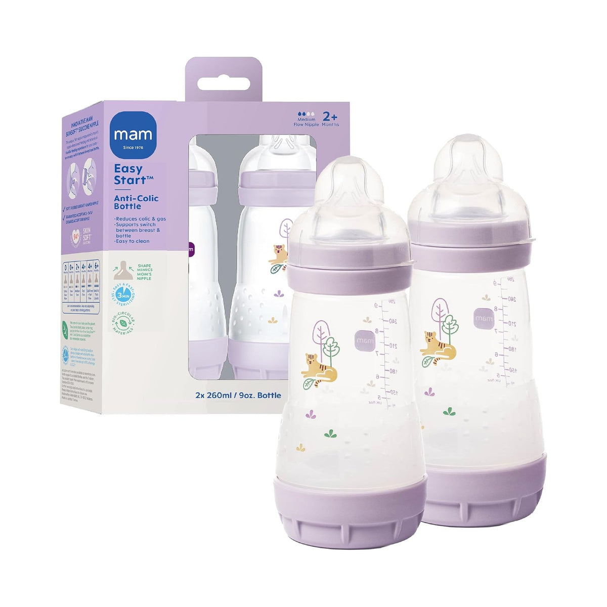 MAM Easy Start biberon anti-colique 260 ml, lot de 2 (débit 2) / Lilas