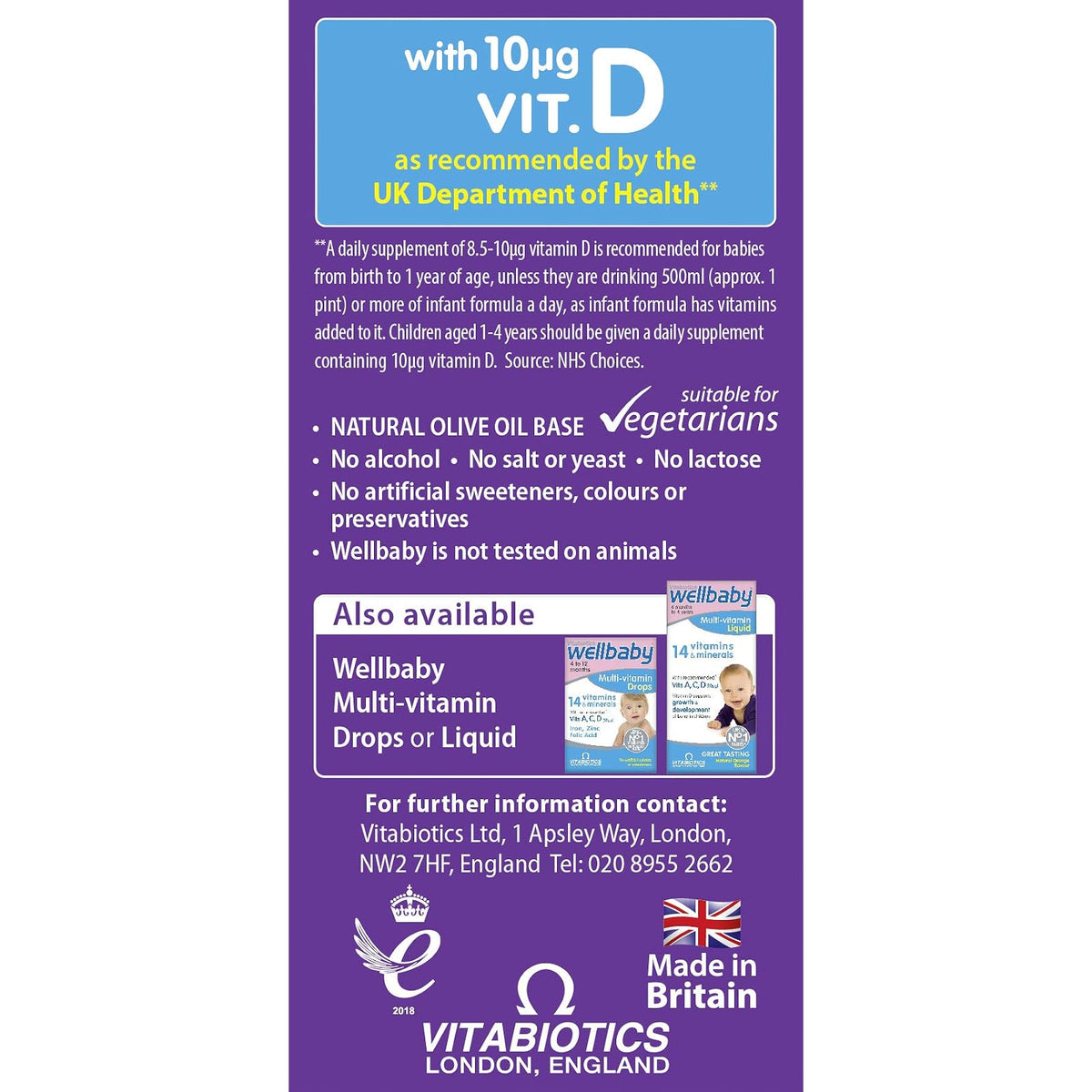 Vitabiotics Wellbaby vitamine D3 en gouttes 400 UI, de la naissance à 4 ans, 30 ml