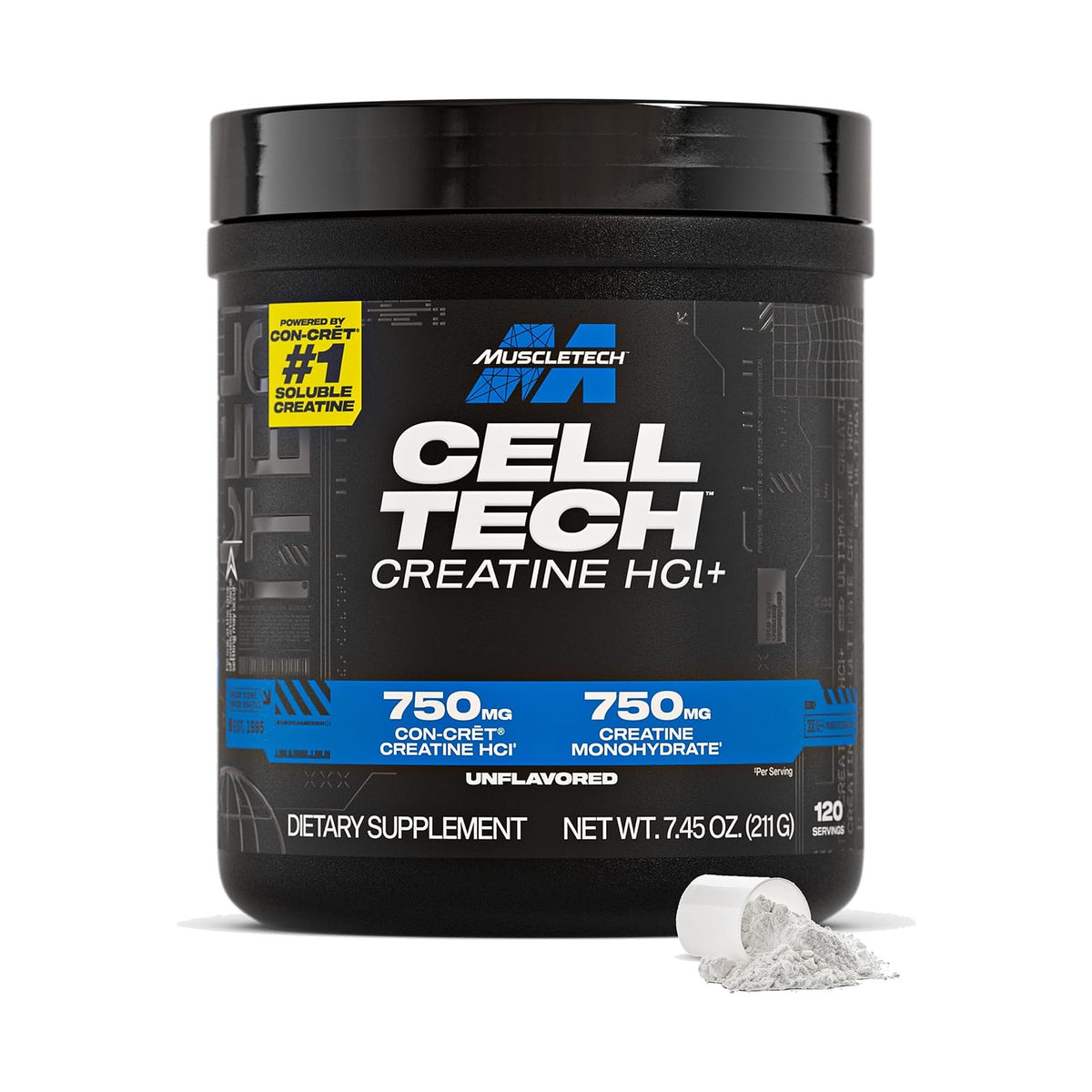 MuscleTech Cell-Tech Creactor créatine HCl+ en poudre – Sans arôme, 210 g, photo du produit seul sur fond blanc