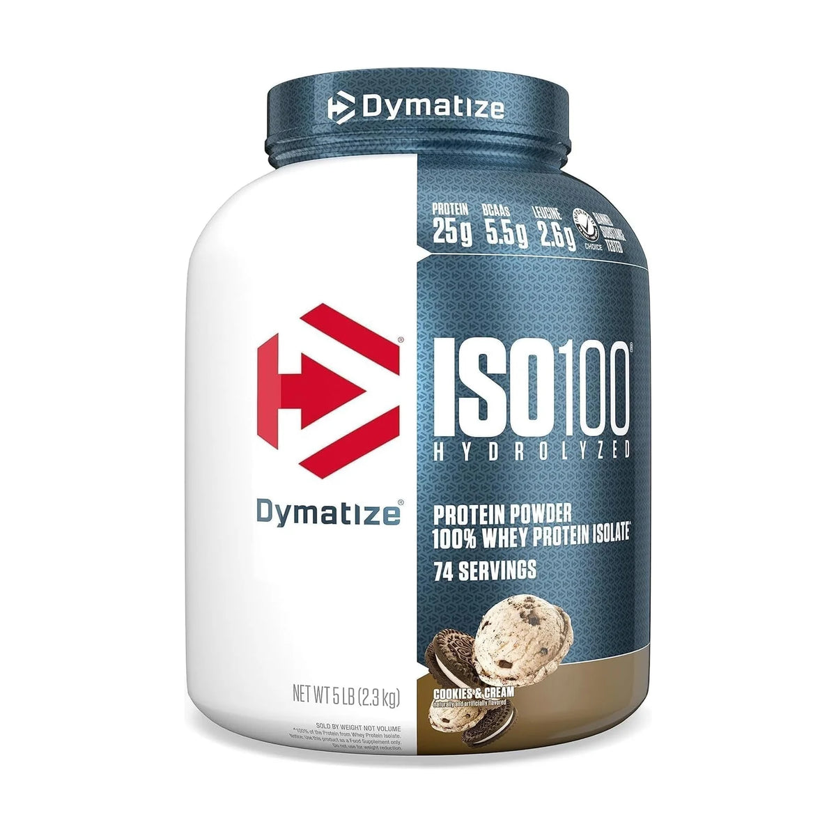 Dymatize ISO100 isolat de whey hydrolysé – 5 lb (2,27 kg), Cookies & cream, photo du produit seul sur fond blanc