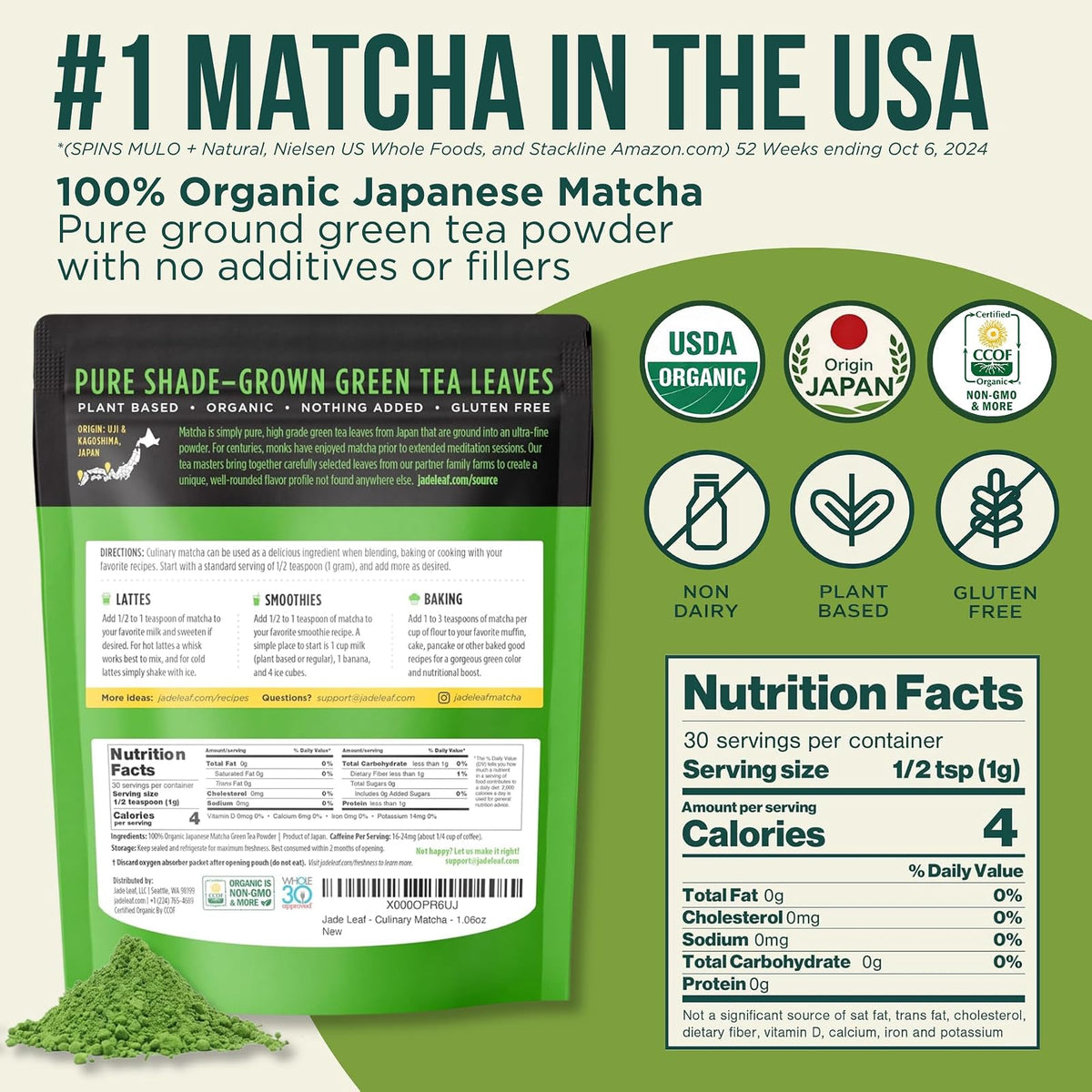 Jade Leaf matcha bio pour lattes et pâtisserie, 30 g