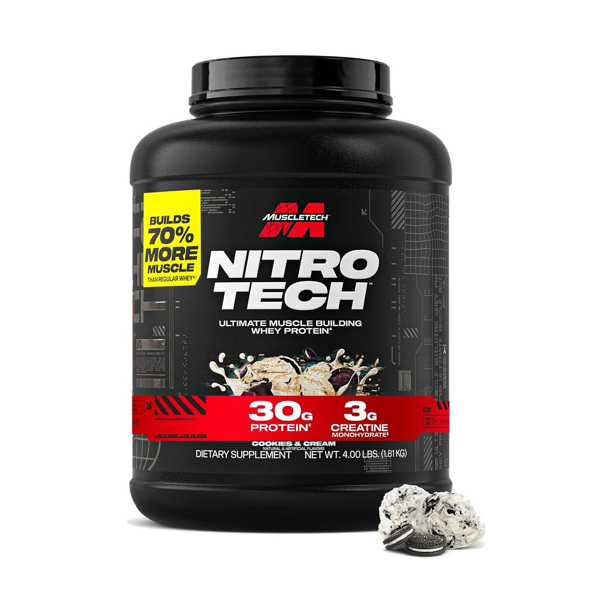 MuscleTech Nitro-Tech Whey Protein – 4 lb (1,81 kg), Cookies & cream, photo du produit seul sur fond blanc