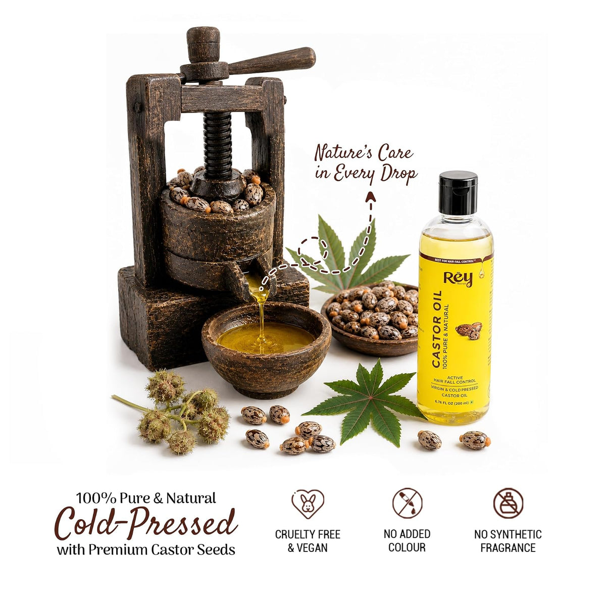 Rey Naturals huile de ricin pure pressée à froid 200 ml