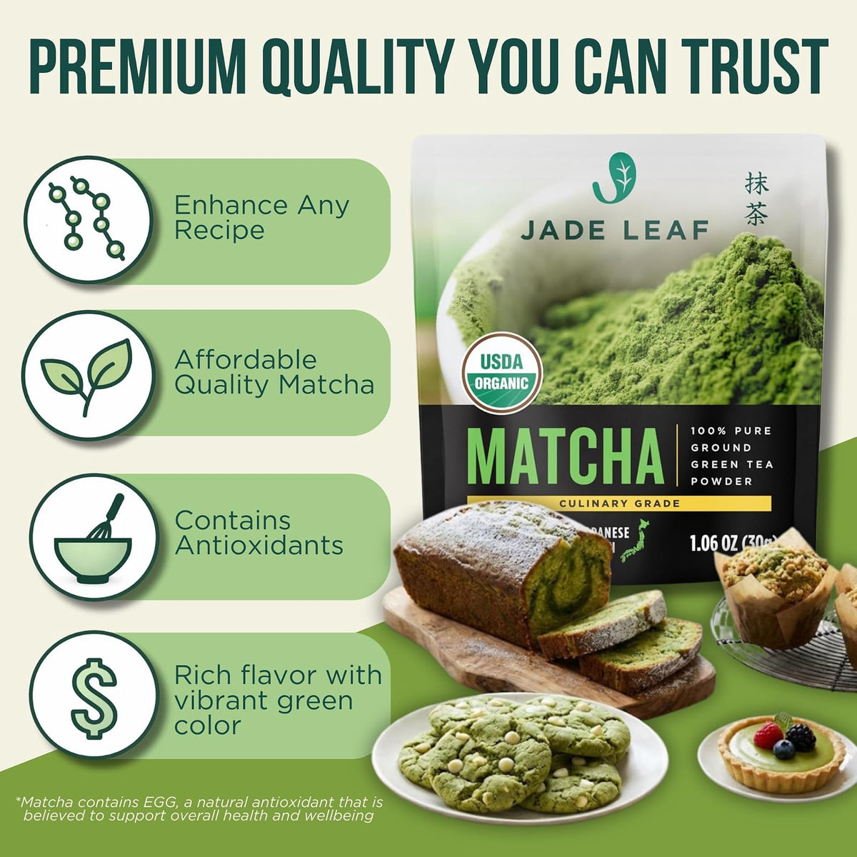 Jade Leaf matcha bio pour lattes et pâtisserie, 30 g
