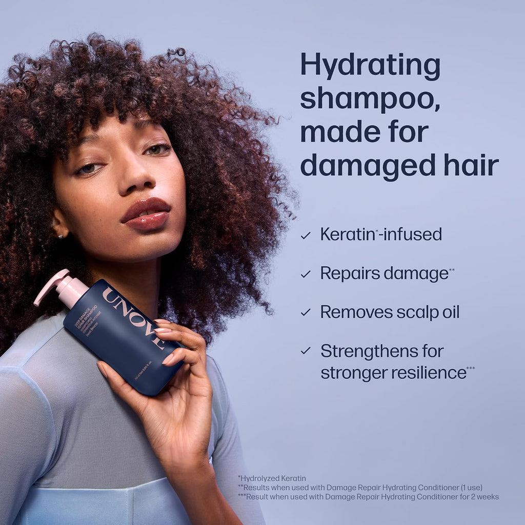 Shampooing hydratant UNOVE à la kératine pour cheveux abîmés