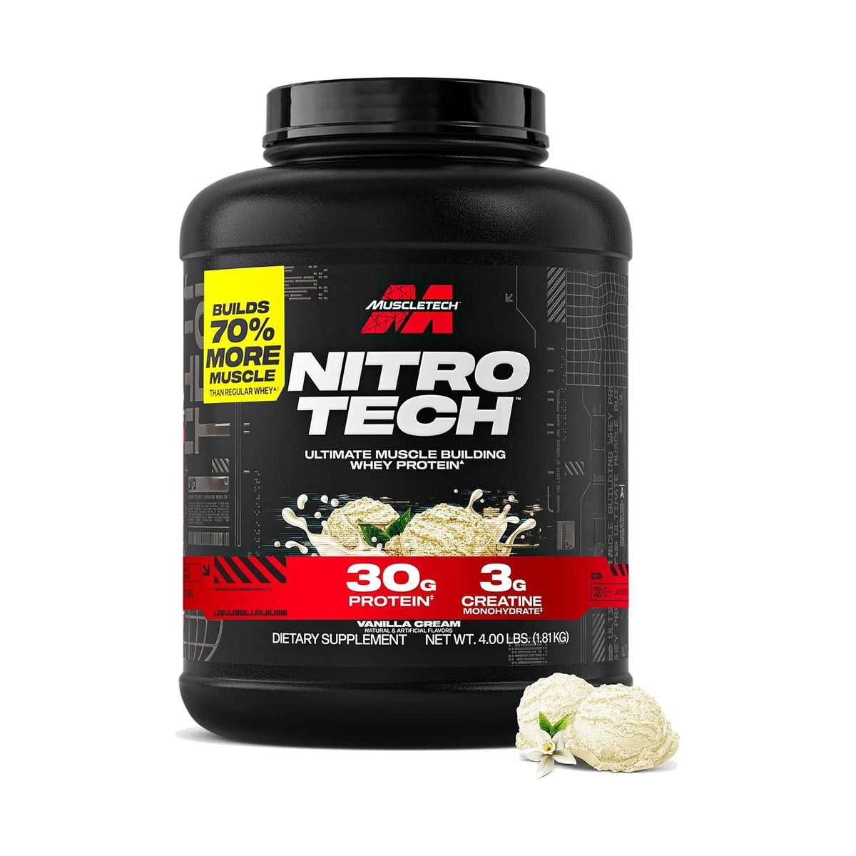 MuscleTech Nitro-Tech Whey Protein – 4 lb (1,81 kg), Vanille crème, photo du produit seul sur fond blanc