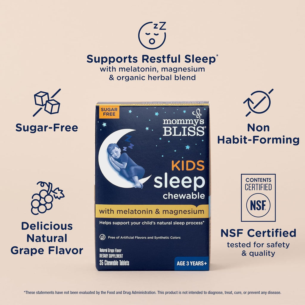 Mommy's Bliss Kids Sleep mélatonine 1 mg à croquer, dès 3 ans, goût raisin, 35 comprimés