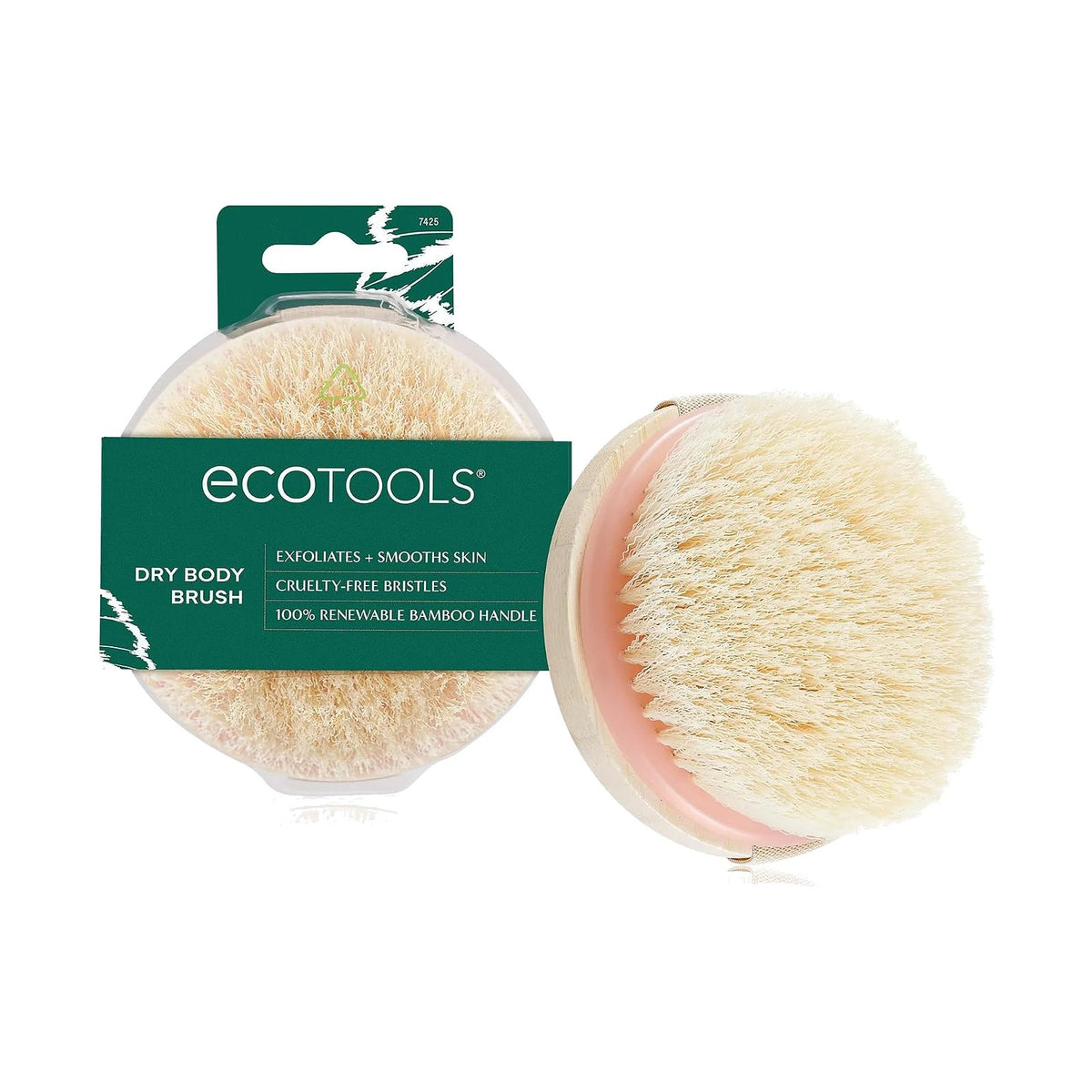 Brosse corps à sec EcoTools dans son emballage et hors emballage, sur fond blanc