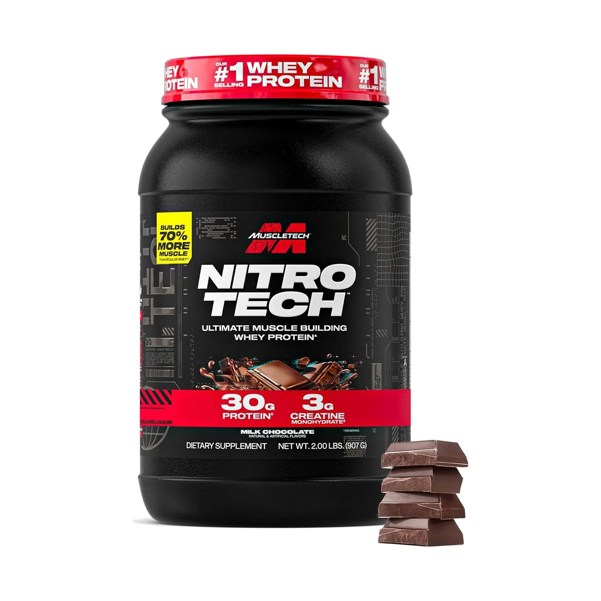MuscleTech Nitro-Tech Whey Protein – 2 lb (907 g), Chocolat au lait, photo du produit seul sur fond blanc