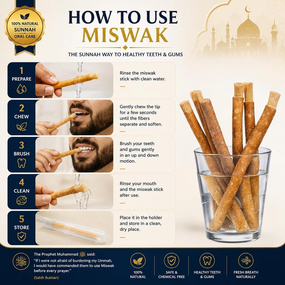 Siwak miswak naturel, 5 bâtonnets avec étui
