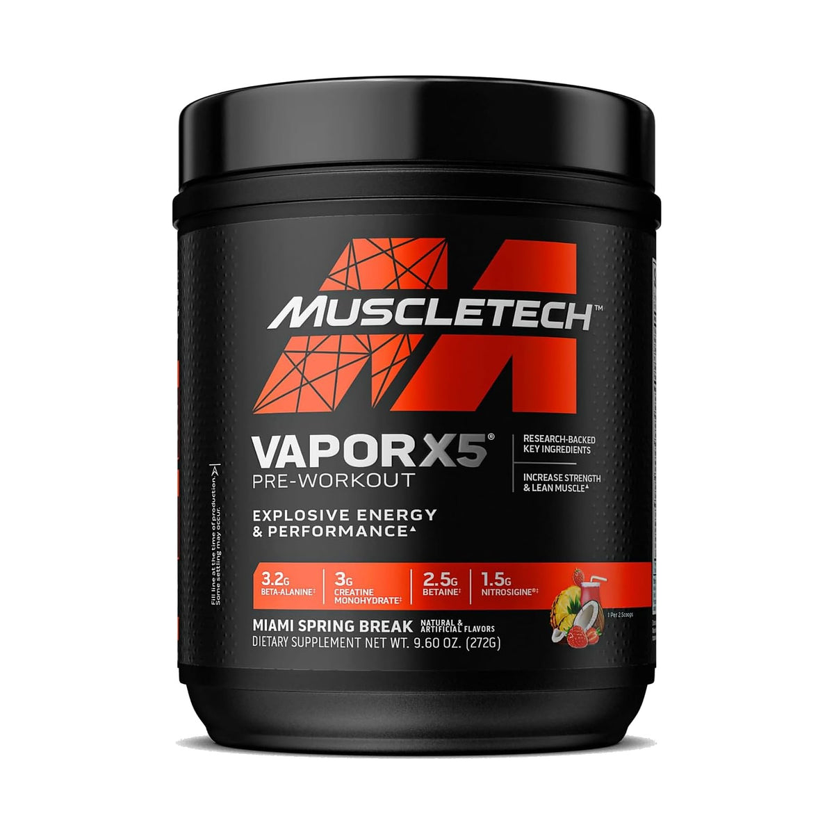MuscleTech Vapor X5 pré-entraînement à la créatine et à la bêta-alanine, 30 doses – Miami Spring Break, photo du produit seul sur fond blanc