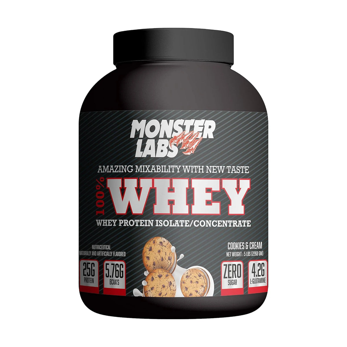 Monster Labs 100% Whey – 5 lb (2,27 kg), Cookies & cream, photo du produit seul sur fond blanc