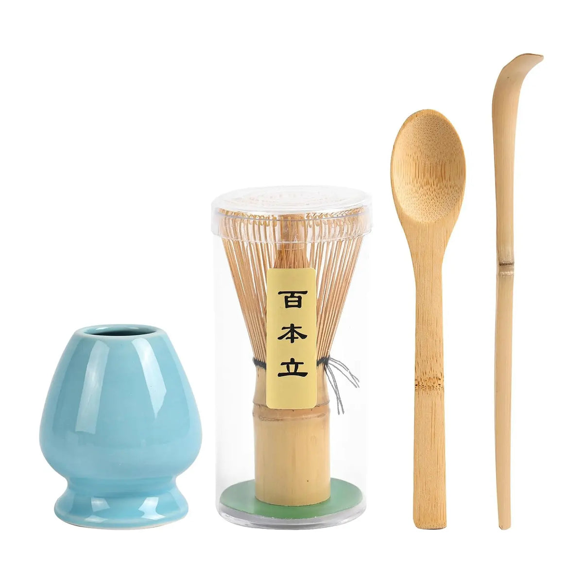 Kit matcha en bambou : fouet, support et cuillères, photo du produit seul sur fond blanc