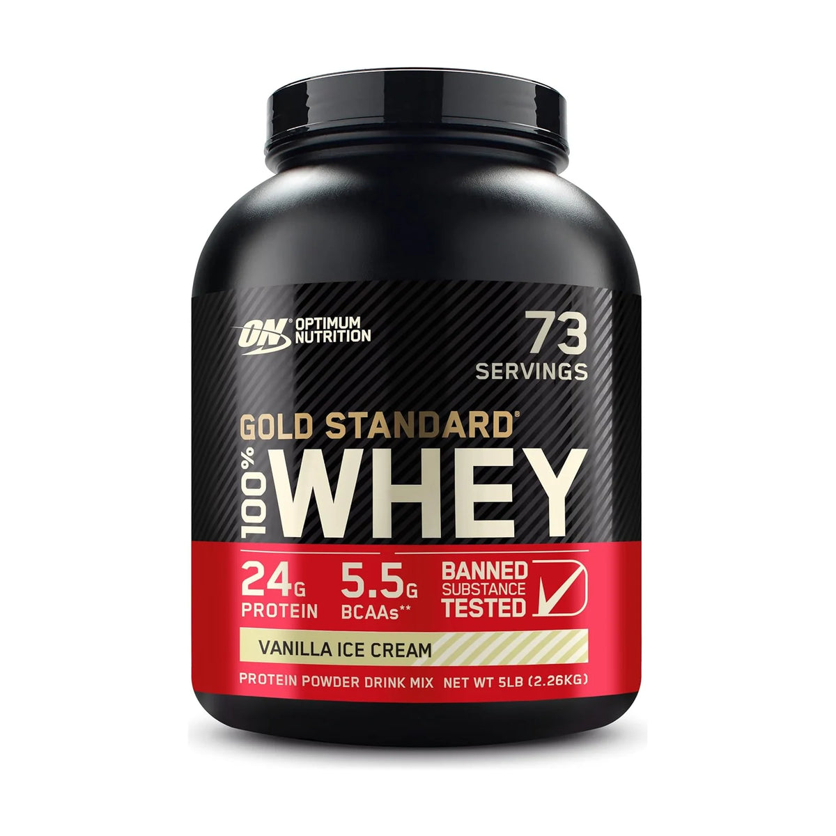 Optimum Nutrition Gold Standard 100% Whey – 5 lb (2,27 kg), Glace vanille, photo du produit seul sur fond blanc