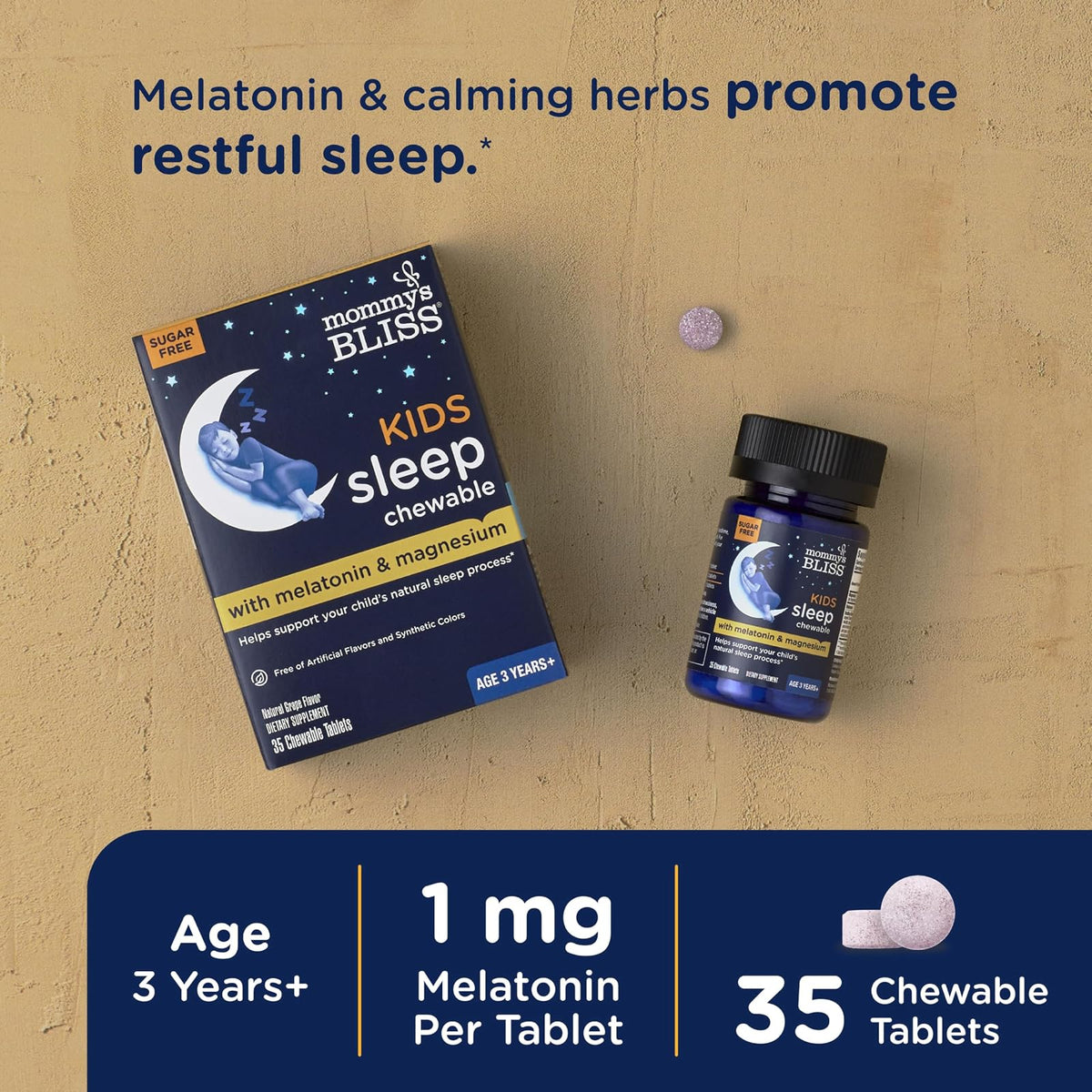 Mommy's Bliss Kids Sleep mélatonine 1 mg à croquer, dès 3 ans, goût raisin, 35 comprimés