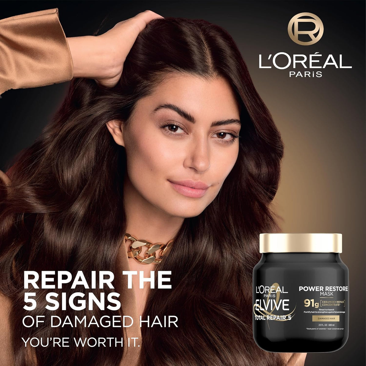 Femme aux cheveux brillants, masque Elvive Total Repair 5