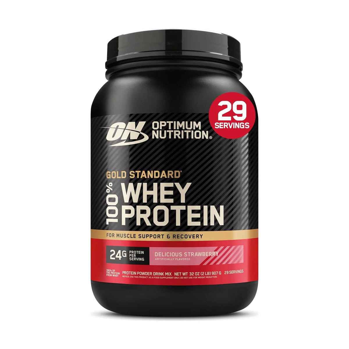 Optimum Nutrition Gold Standard 100% Whey – 2 lb (907 g), Fraise, photo du produit seul sur fond blanc