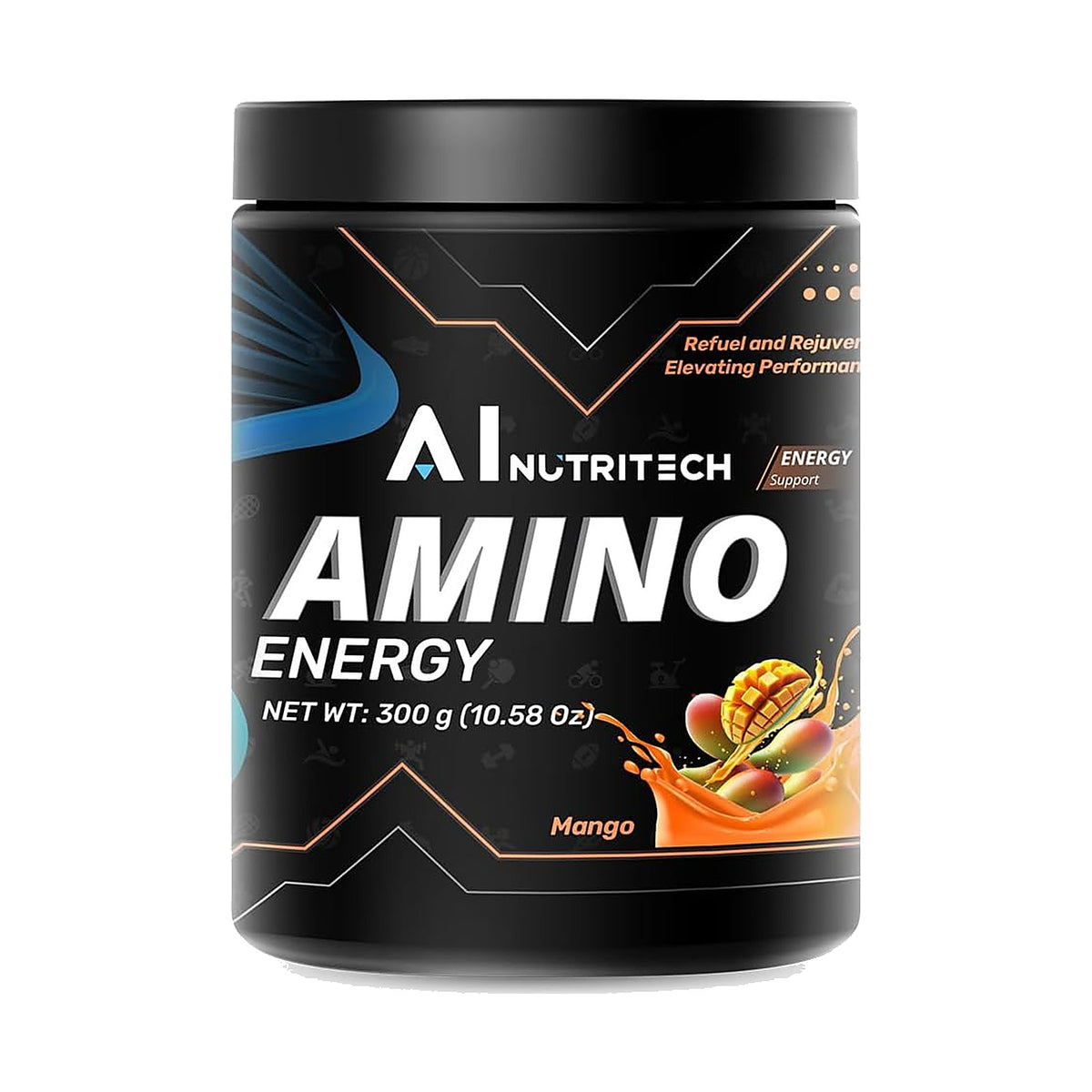 Nutritech Amino Energy acides aminés en poudre, 300 g – Mangue, photo du produit seul sur fond blanc