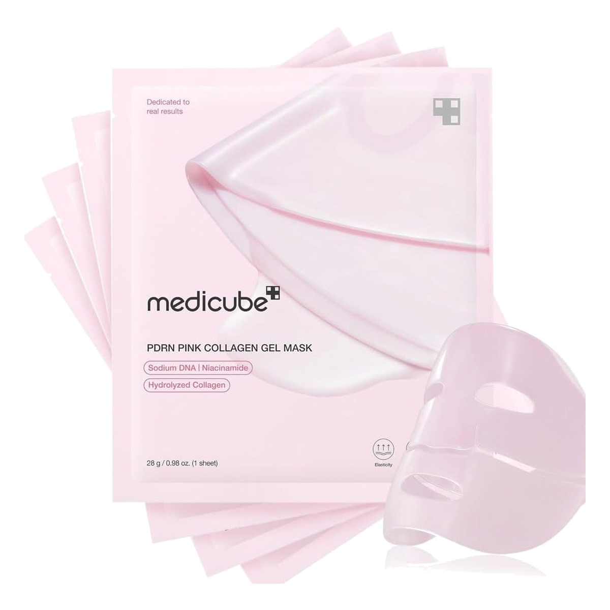 Medicube PDRN Pink Collagen Gel Mask, quatre masques gel roses sur fond blanc