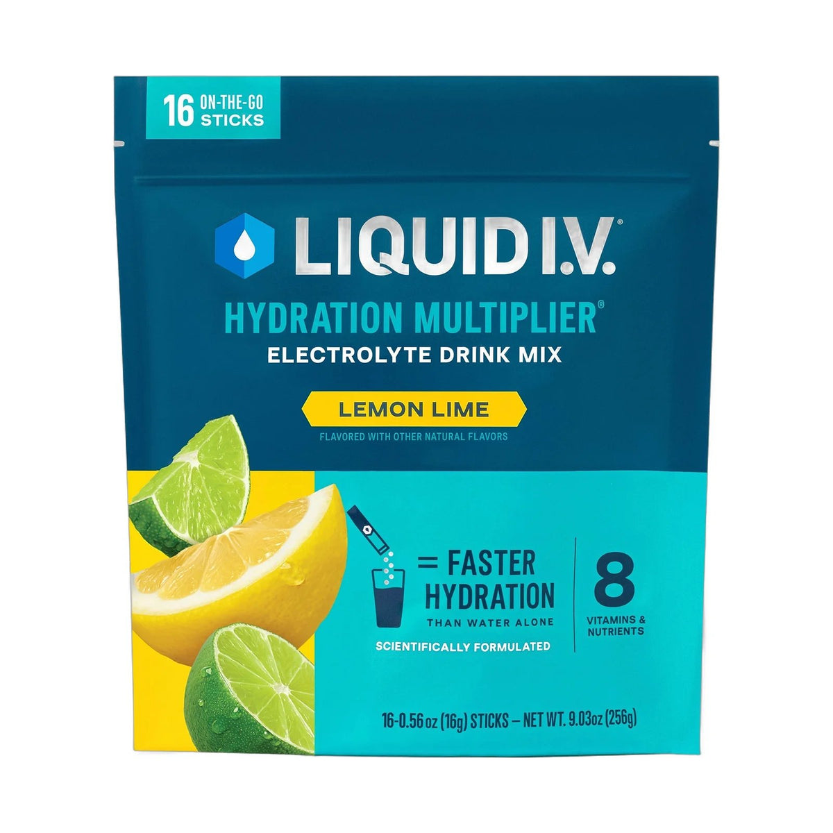 Liquid I.V. Hydration Multiplier Lemon, boîte de sachets de poudre citron, vu de face sur fond neutre