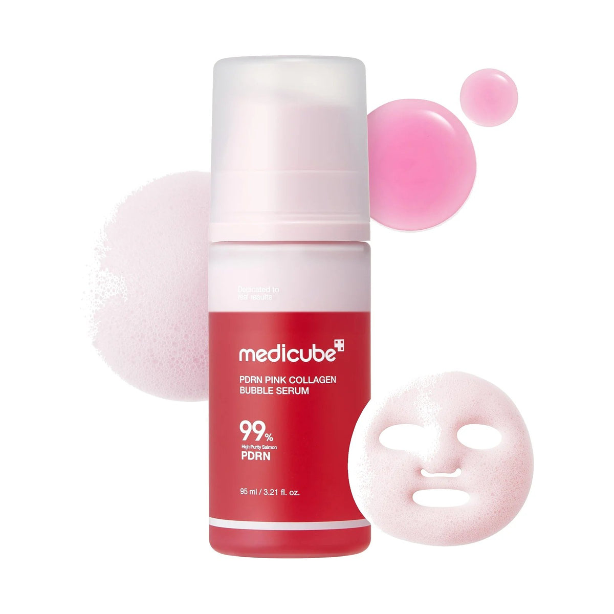 Medicube PDRN Pink Collagen Bubble Serum 95 ml, flacon de sérum moussant, vu de face sur fond neutre