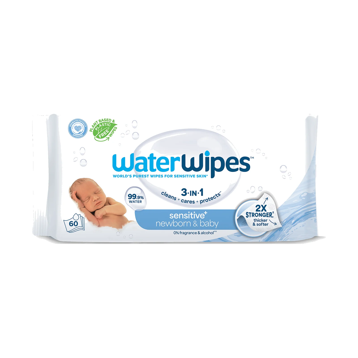Paquet de 60 lingettes bébé WaterWipes à 99,9 % d'eau, sans parfum, photo du produit seul