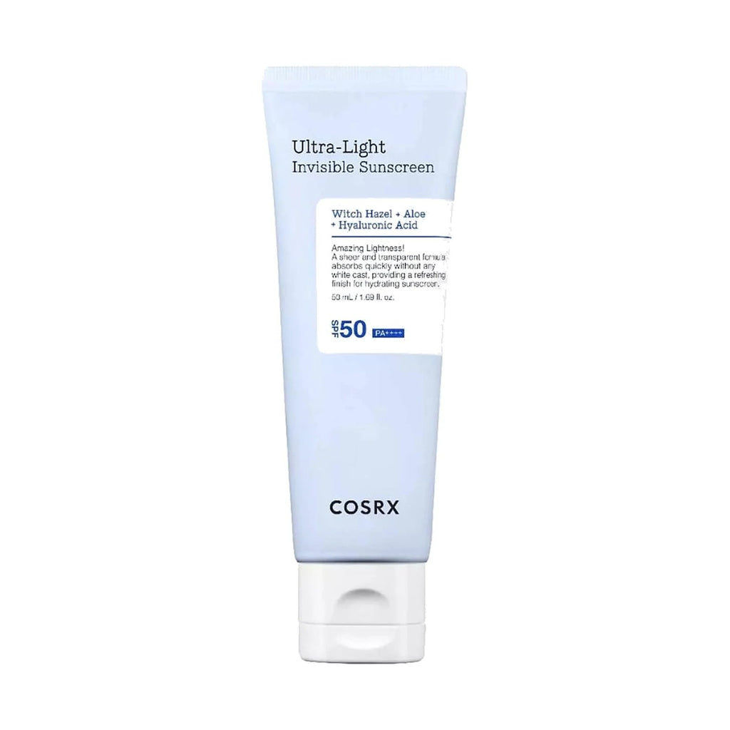 COSRX Ultra Light Invisible Sunscreen SPF 50 PA++++ 50 ml, tube d'écran solaire, vu de face sur fond neutre