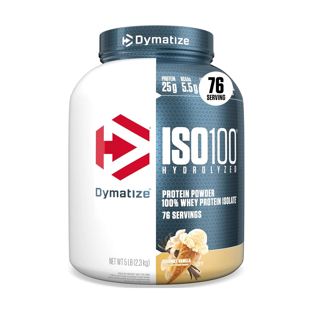 Dymatize ISO100 isolat de whey hydrolysé – 5 lb (2,27 kg), Vanille gourmet, photo du produit seul sur fond blanc