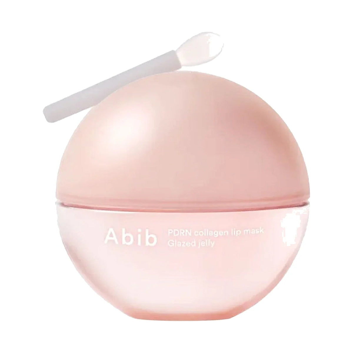 Masque lèvres Abib PDRN Collagen Lip Mask Glazed Jelly 11 g, pot sphérique avec spatule sur fond blanc