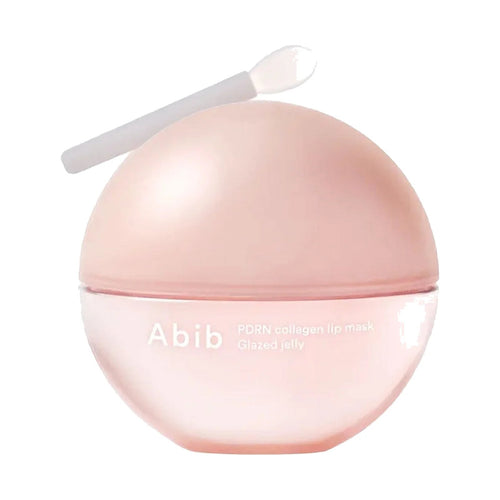 Masque lèvres Abib PDRN Collagen Lip Mask Glazed Jelly 11 g, pot sphérique avec spatule sur fond blanc