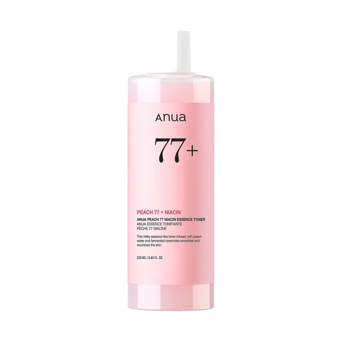 Anua Peach 77 % Niacin Essence Toner 250 ml, flacon de toner à la pêche, vu de face sur fond neutre
