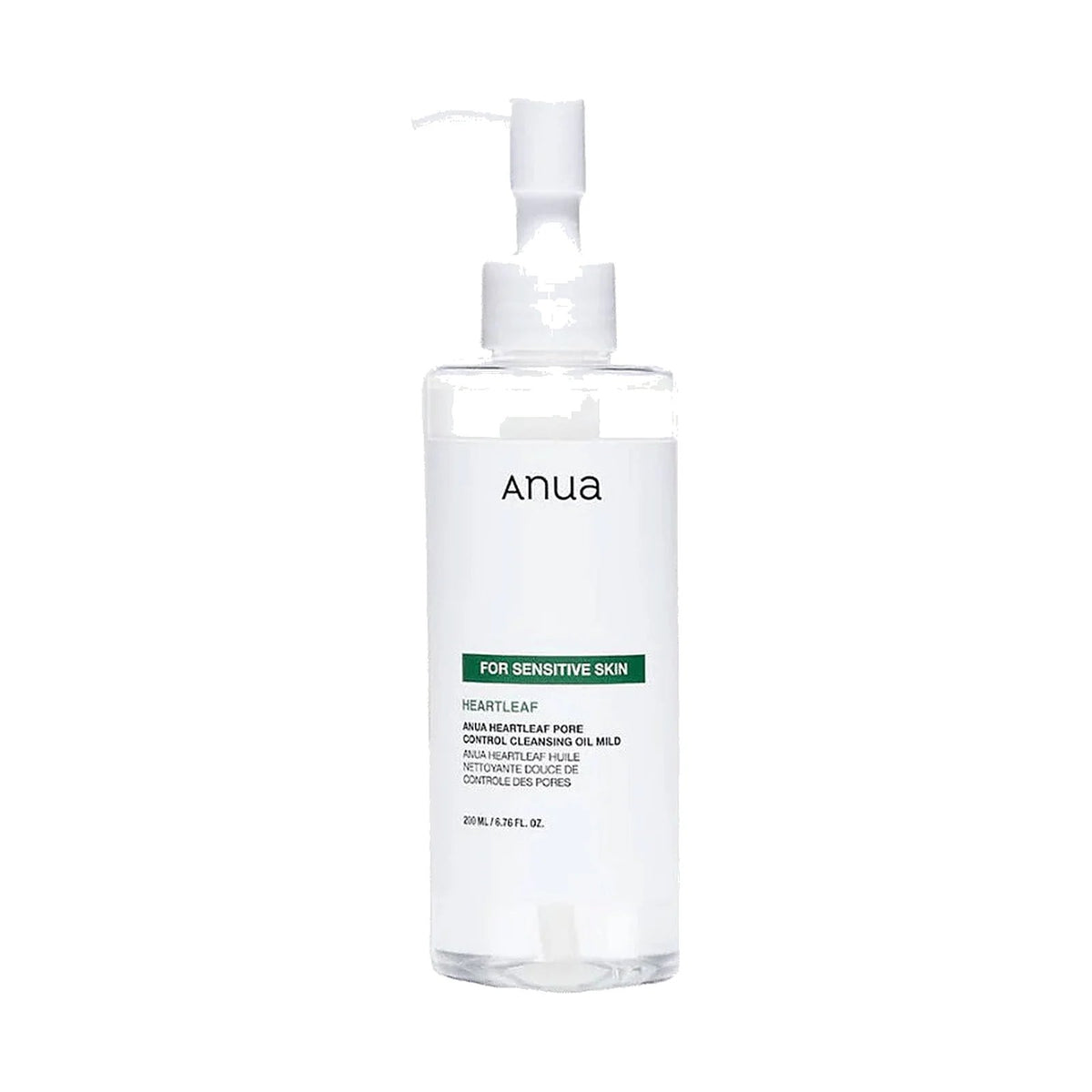 Huile démaquillante Anua Heartleaf Pore Control Cleansing Oil Mild 200 ml, flacon pompe seul sur fond blanc