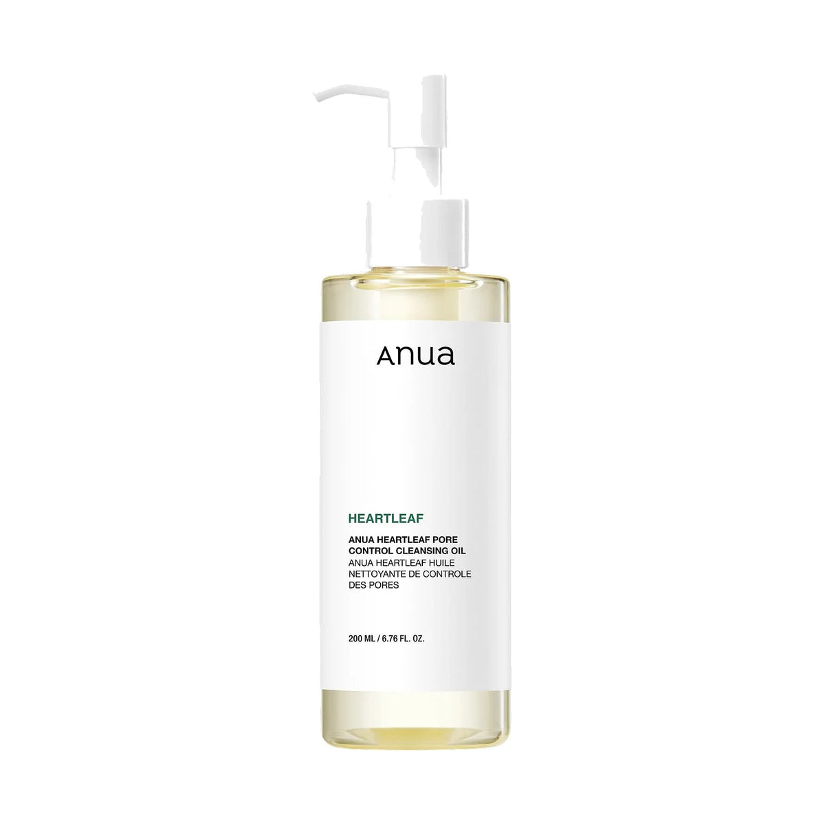 Anua Heartleaf Pore Control Cleansing Oil 200 ml, flacon d'huile démaquillante, vu de face sur fond neutre