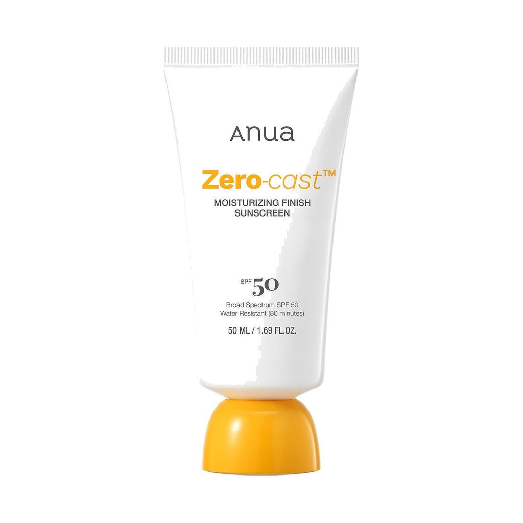 Anua Zero-Cast Moisturizing Finish Sunscreen 50 ml, tube d'écran solaire, vu de face sur fond neutre