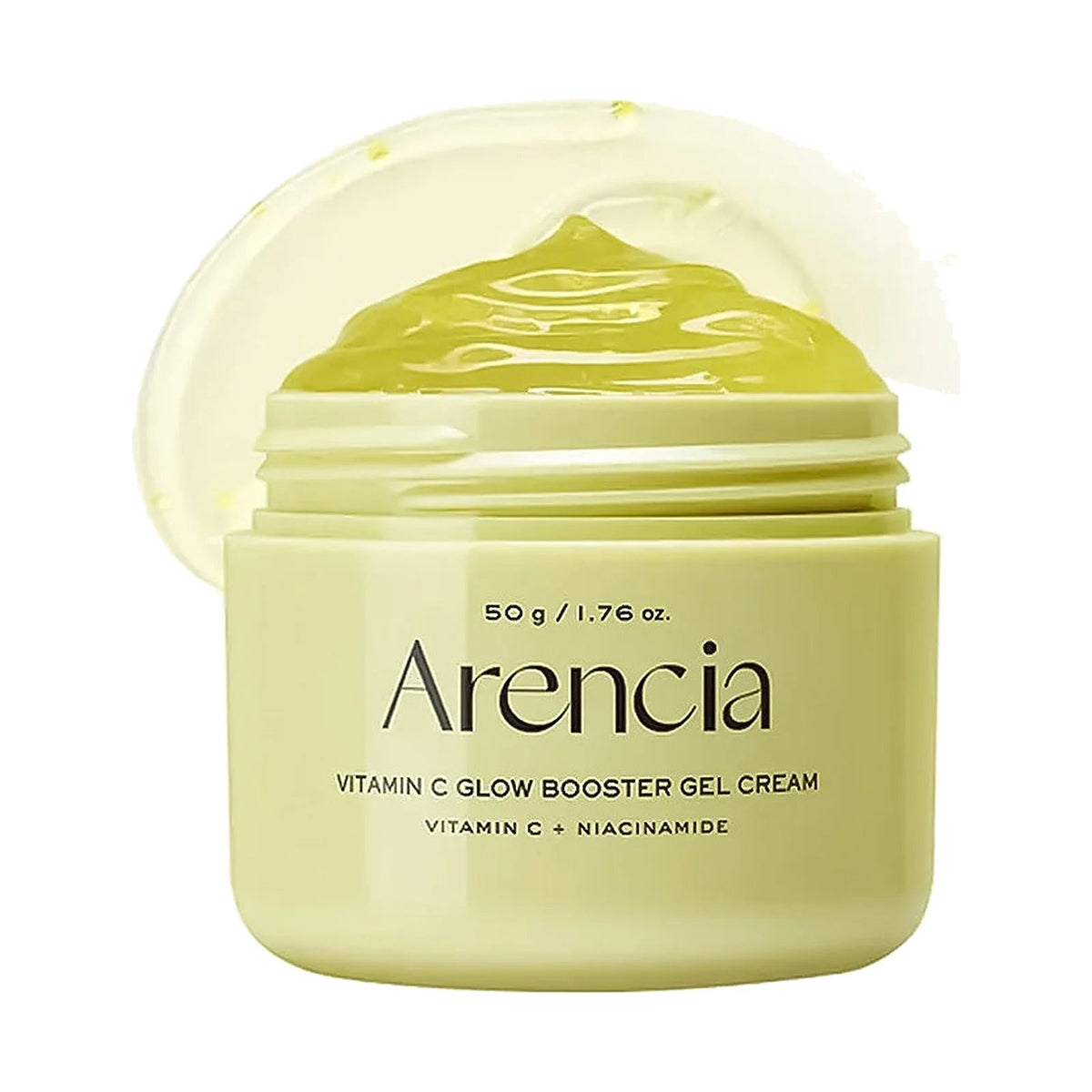 Crème-gel Arencia Vitamin C Glow Booster Gel Cream 50 g, pot ouvert seul sur fond blanc
