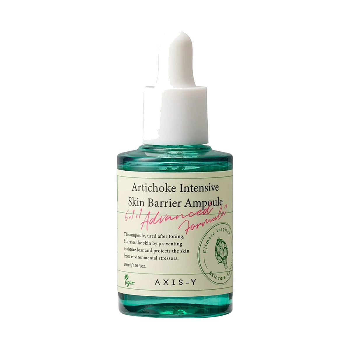 Ampoule AXIS-Y Artichoke Intensive Skin Barrier 30 ml, flacon compte-gouttes seul sur fond blanc