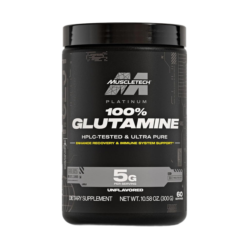 MuscleTech Platinum 100 % glutamine en poudre sans arôme, 300 g, photo du produit seul sur fond blanc