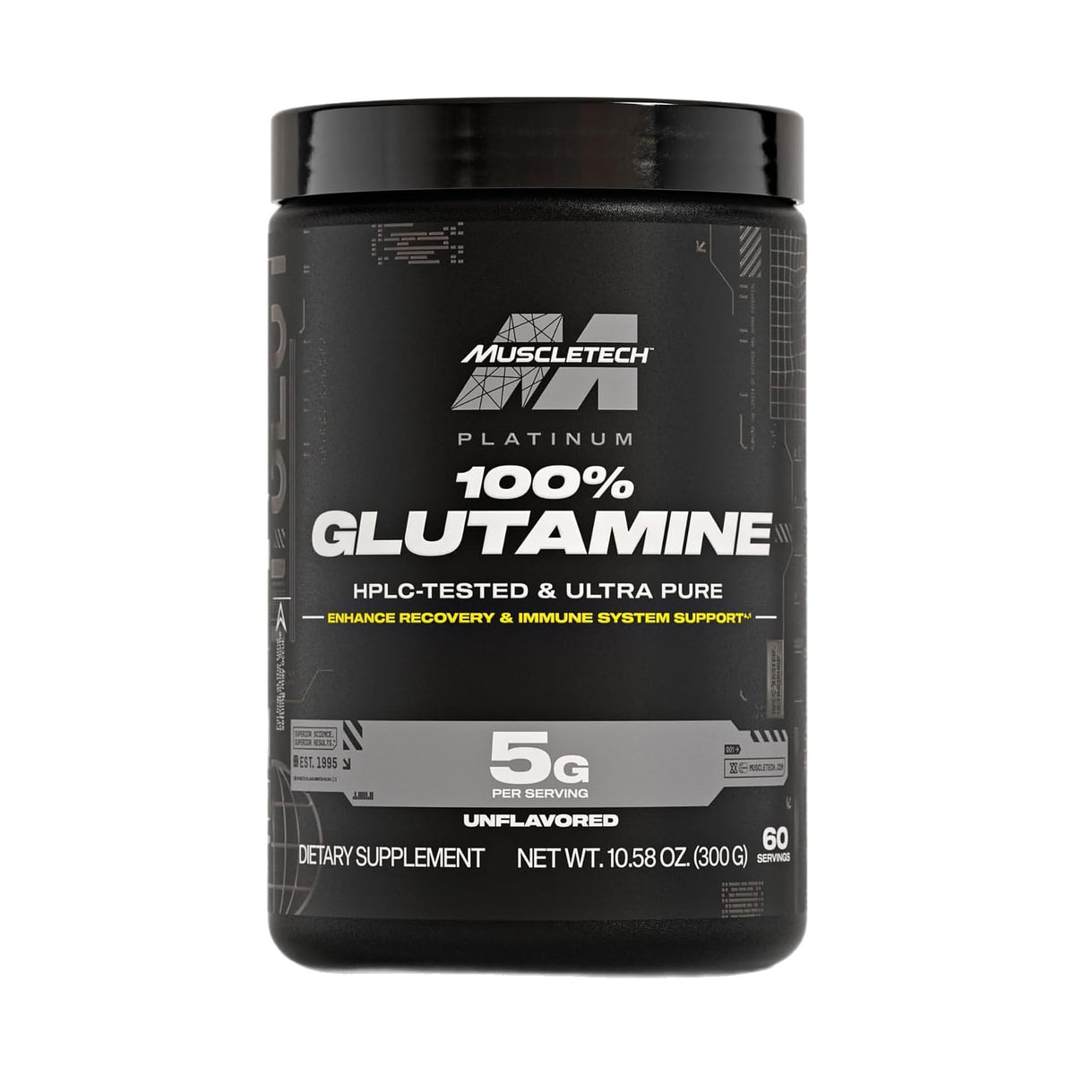 MuscleTech Platinum 100 % glutamine en poudre sans arôme, 300 g, photo du produit seul sur fond blanc