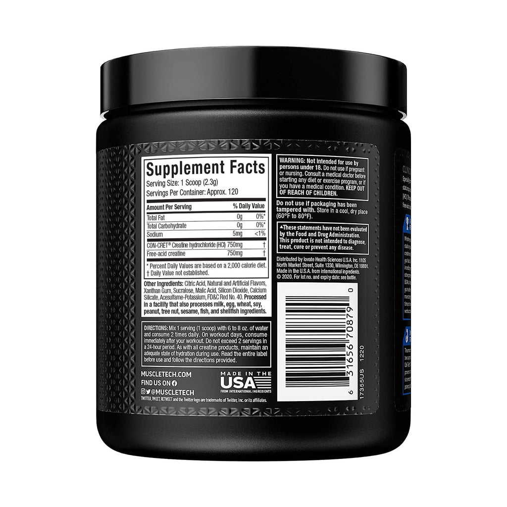 MuscleTech Cell-Tech Creactor créatine HCl+ en poudre, étiquette au dos, photo du produit seul sur fond blanc
