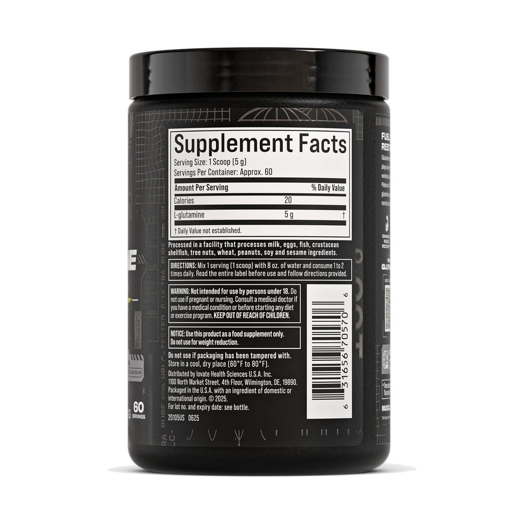 MuscleTech Platinum 100 % glutamine en poudre sans arôme, 300 g, étiquette au dos, photo du produit seul sur fond blanc