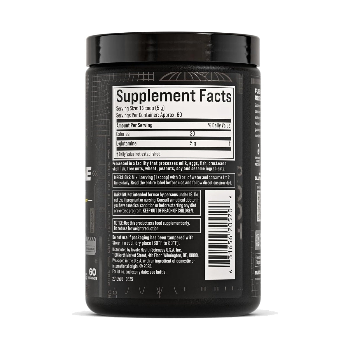 MuscleTech Platinum 100 % glutamine en poudre sans arôme, 300 g, étiquette au dos, photo du produit seul sur fond blanc