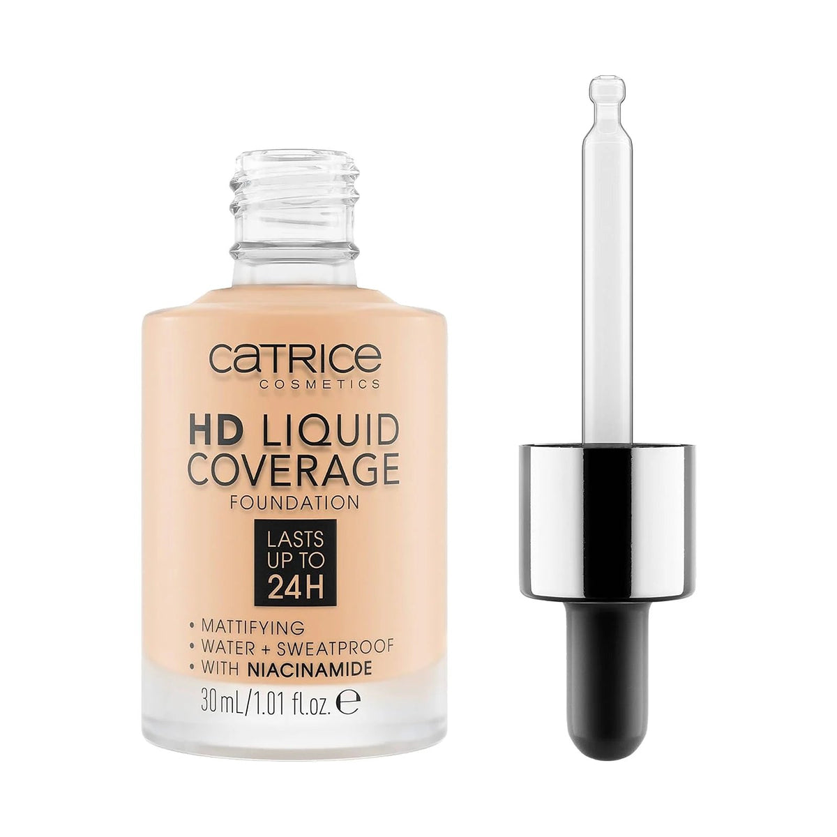 Fond de teint Catrice HD Liquid Coverage 30 ml, teinte 005 Ivory Beige, sur fond blanc