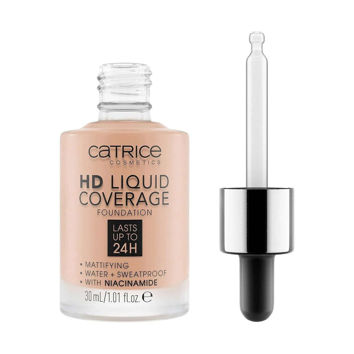 Fond de teint Catrice HD Liquid Coverage 30 ml, teinte 020 Pink Beige, sur fond blanc