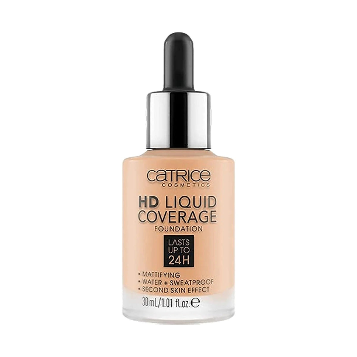 Fond de teint Catrice HD Liquid Coverage 30 ml, teinte 025 Warm Oat, sur fond blanc